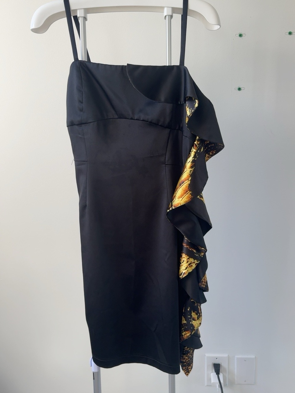 Roberto Cavalli Black Satin Animal Print Ruffle Cocktail Dress